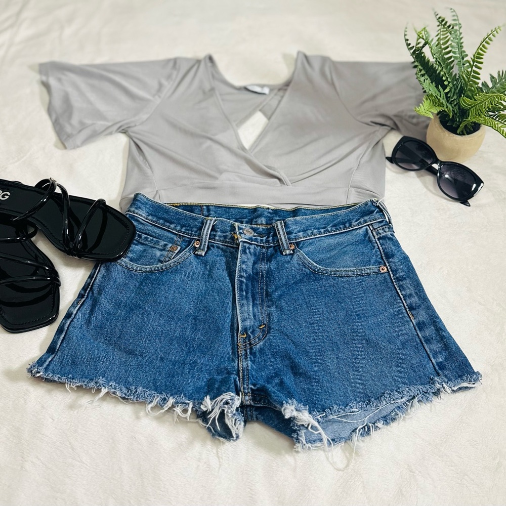 Gray Wrap Top and Denim Shorts